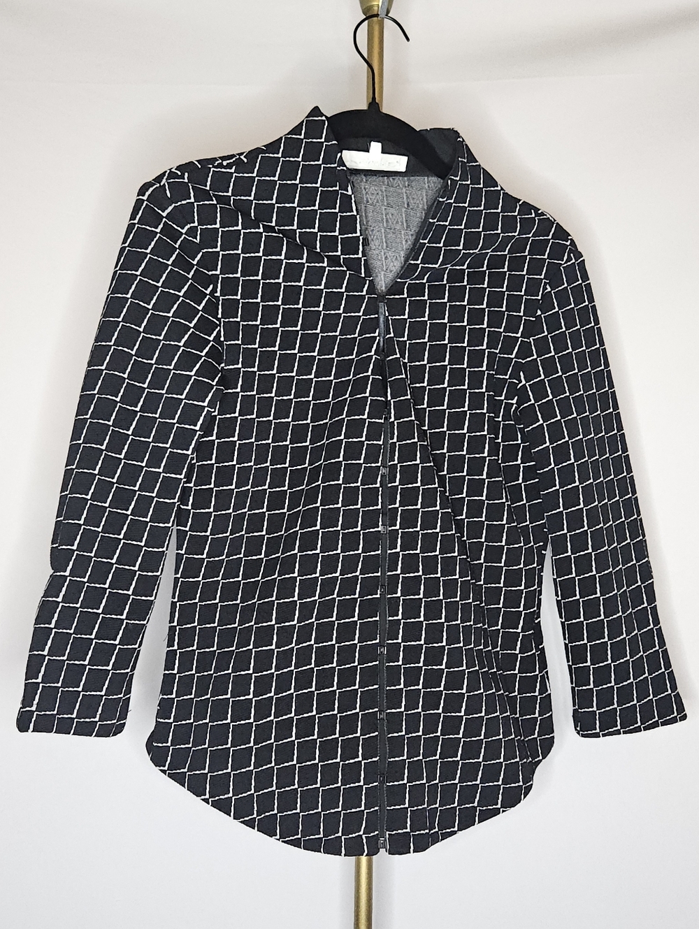 Rayure Paris Geometric Grid Split Neck Long Sleeve Blouse